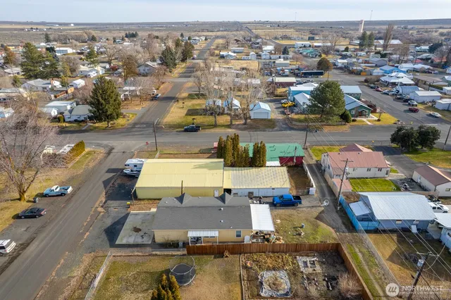 an aerial view of a swimming pool