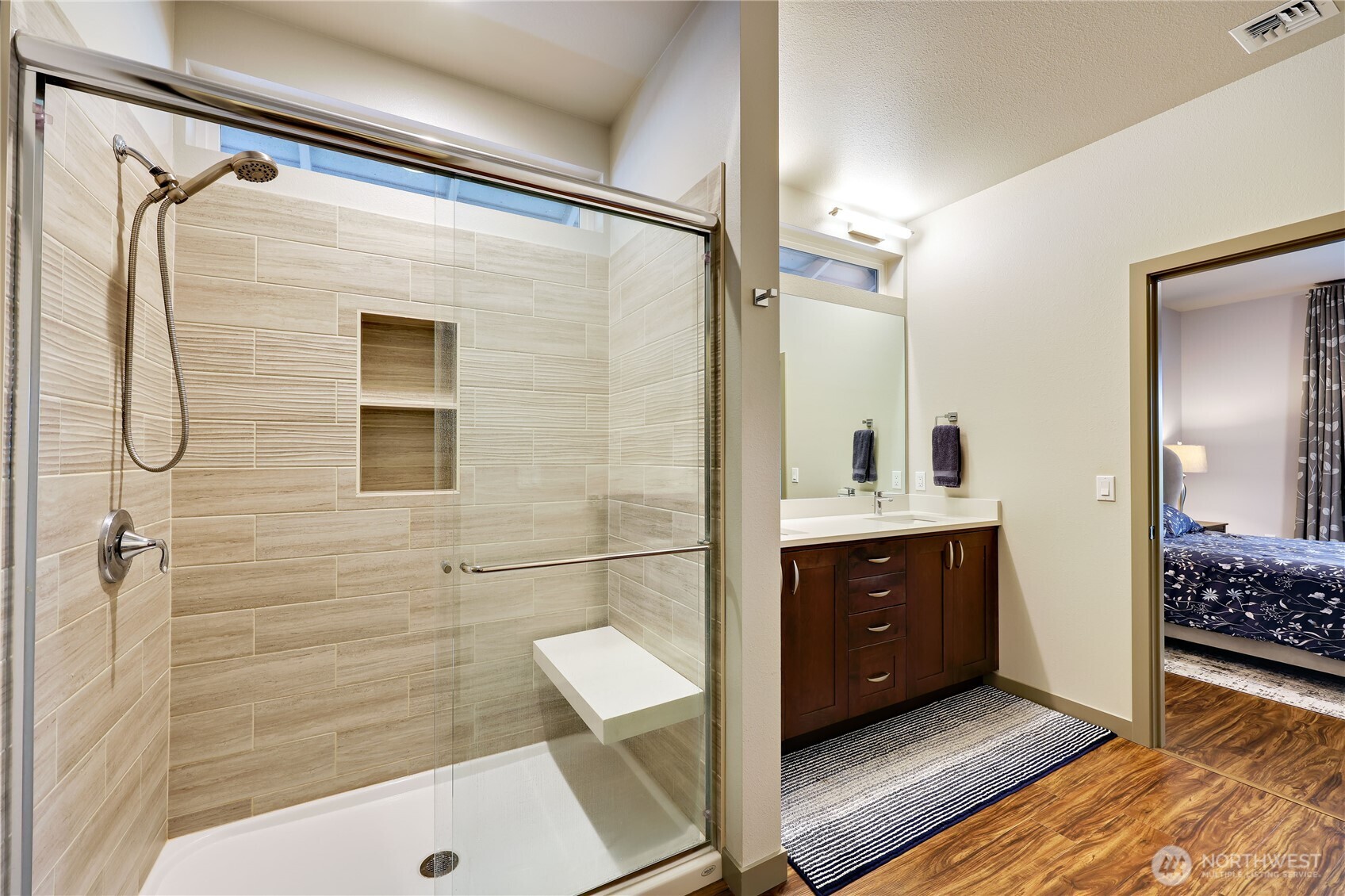 90 Village Green Sequim, WA 98382 - Photo 23 of 40 a bathroom with a sink shower and a mirror