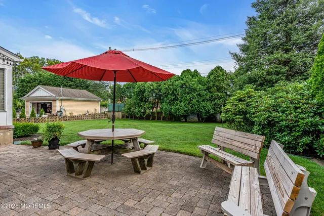 a garden view with a seating space