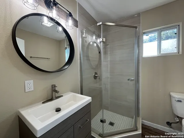 a bathroom with a granite countertop toilet sink and mirror
