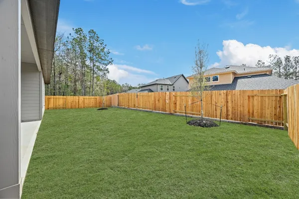 a view of a backyard with wooden fence