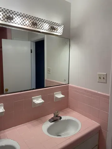 a bathroom with a sink and a mirror