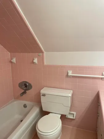 a white toilet sitting next to a bath tub