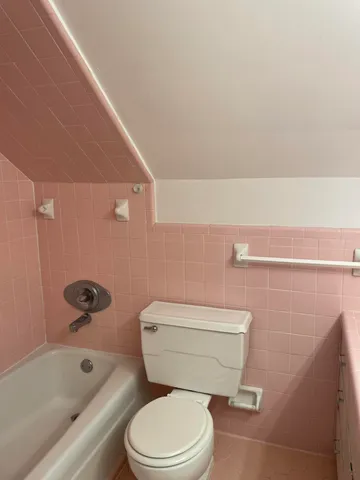 a white toilet sitting next to a bath tub