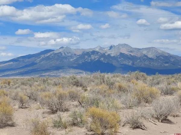 a view of a dry yard with mountains in the background