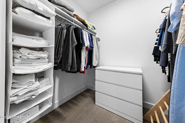 a view of walk in closet with clothes and shoes