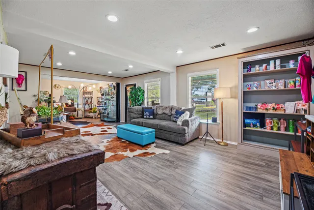 a living room with furniture and a book shelf