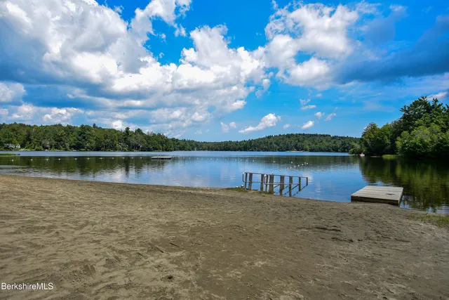 a view of a lake with houses in the background