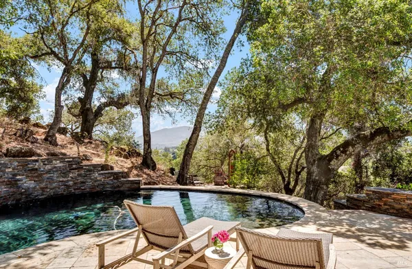 a view of backyard with seating space and trees