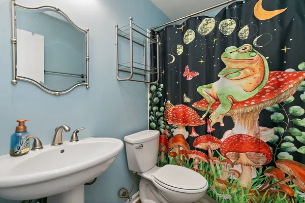 a bathroom with a sink toilet and mirror
