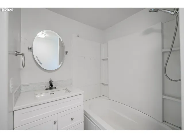 a bathroom with a sink vanity and a mirror