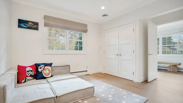 a bedroom with furniture and a potted plant