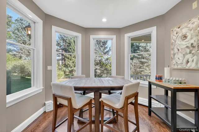 a view of a dining room with furniture and window