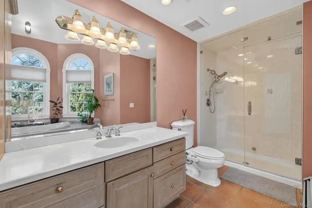 a bathroom with a toilet a sink a large mirror and shower
