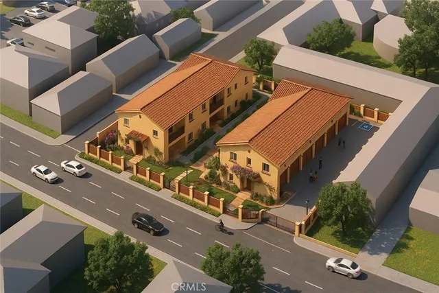 an aerial view of a building with garden