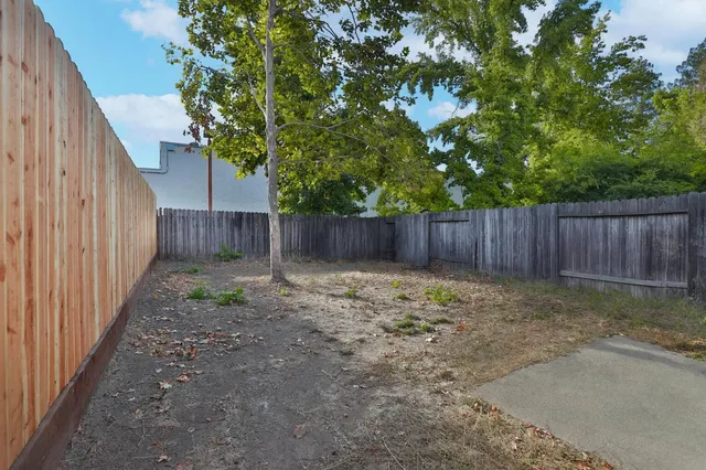 a view of a backyard with large trees and wooden fence