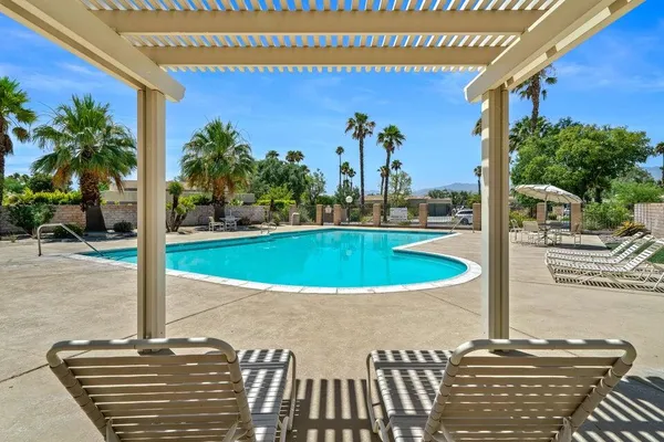 a view of a patio with table and chairs potted plants and palm tree
