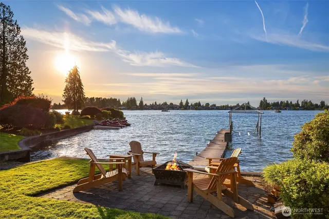 a view of a lake with a terrace
