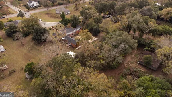 a view of a forest with a houses