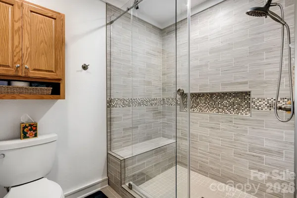 a bathroom with a shower and toilet