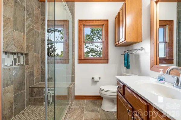 a bathroom with a sink toilet and shower