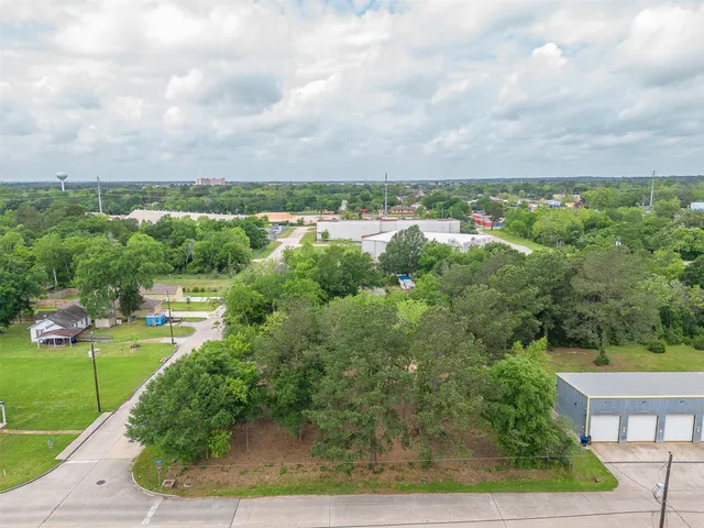 an aerial view of a residential houses with outdoor space and trees