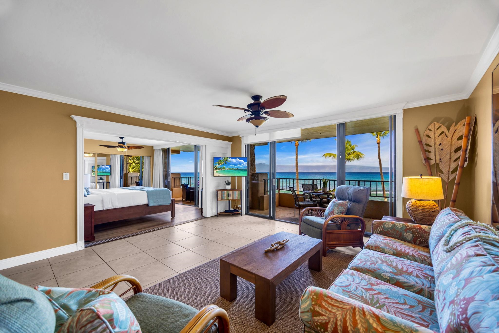 3615 Lower Honoapiilani Road, Unit 222 Lahaina, HI 96761 - Photo 42 of 50 a living room with furniture kitchen view and a large window