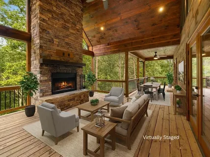a view of a balcony with wooden floor