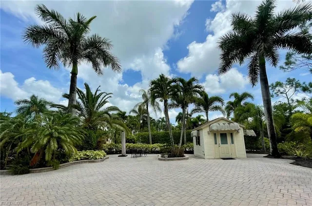 a palm tree sitting in front of a house with a garden