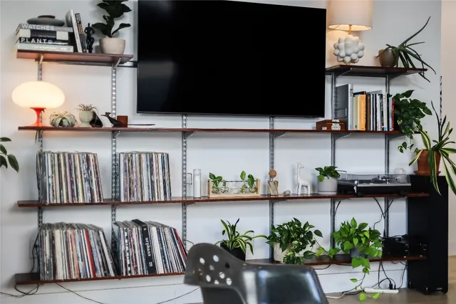 a living room with furniture and a potted plant