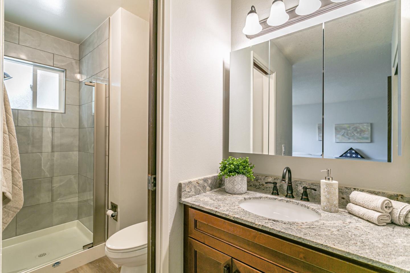 970 Ortega Circle Gilroy, CA 95020 - Photo 16 of 26 a bathroom with a granite countertop sink toilet mirror and shower