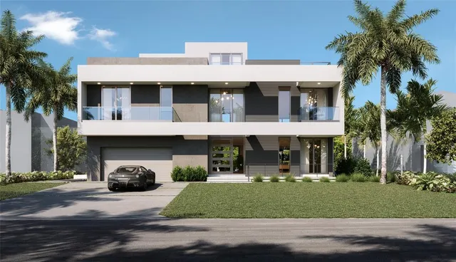 a front view of a house with a yard and palm tree