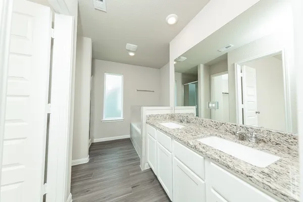 a bathroom with a granite countertop double vanity sink and a mirror