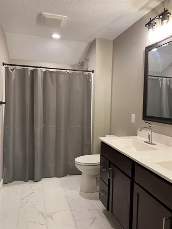 a bathroom with a sink a toilet a mirror and shower curtain