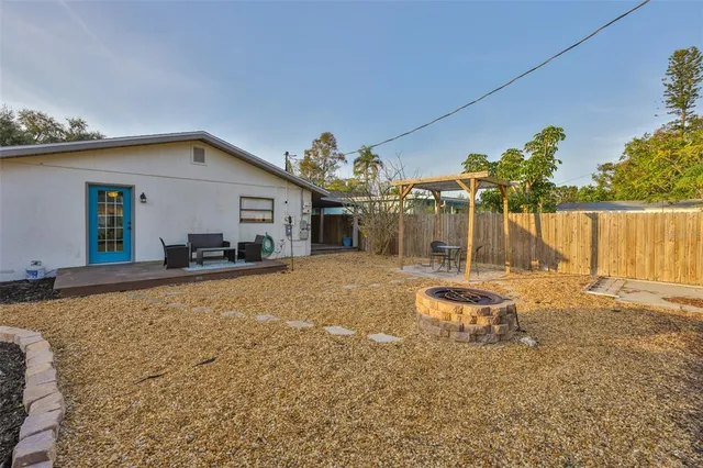 a backyard of a house with table and chairs