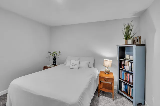 a bedroom with a bed and a closet