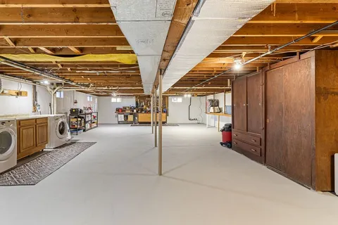 a view of a garage with storage
