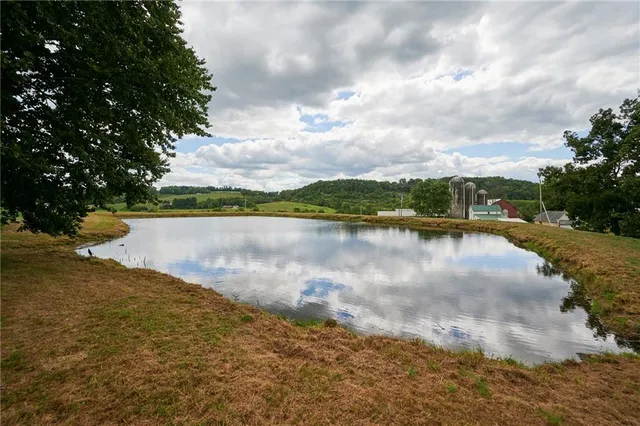 a view of a lake with houses in the background