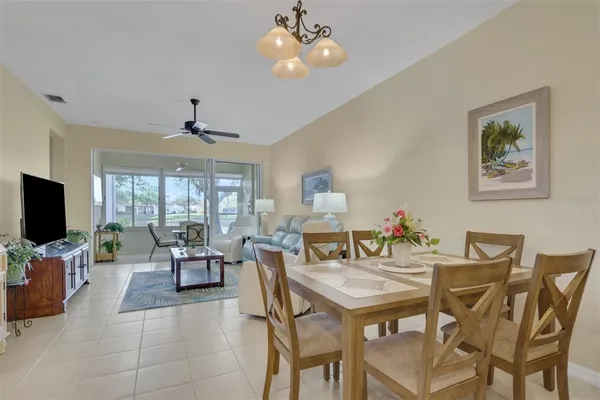 a view of a dining room with furniture window and outside view
