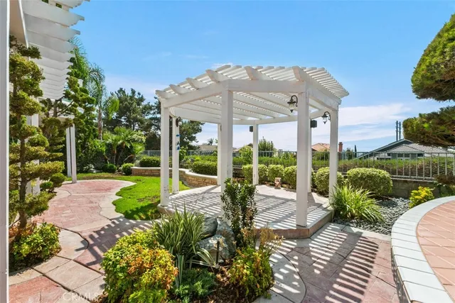 a view of a garden with patio