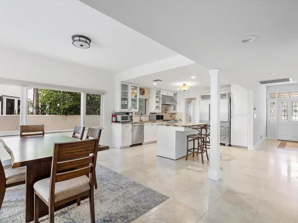 a view of a kitchen and dining room