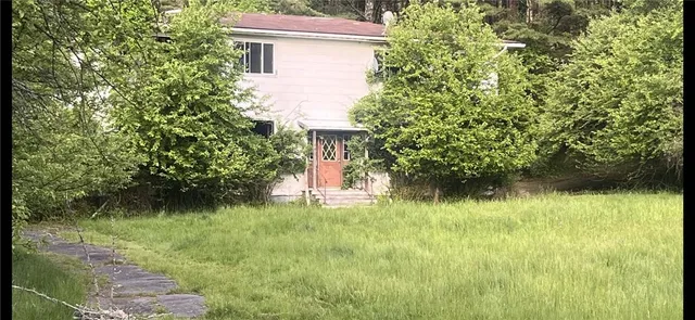 a backyard of a house with lots of green space and plants