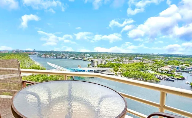 a view of a lake with a city