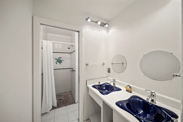 a bathroom with a sink mirror and shower