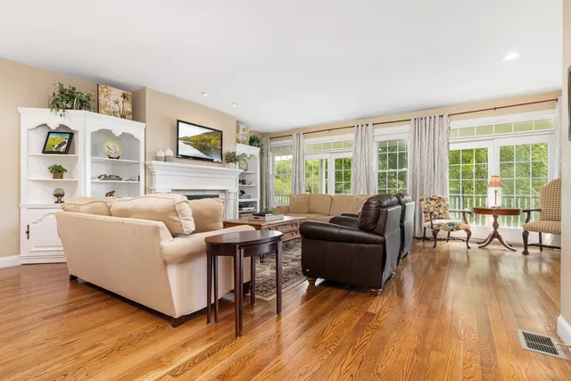 a view of a lake in between the building