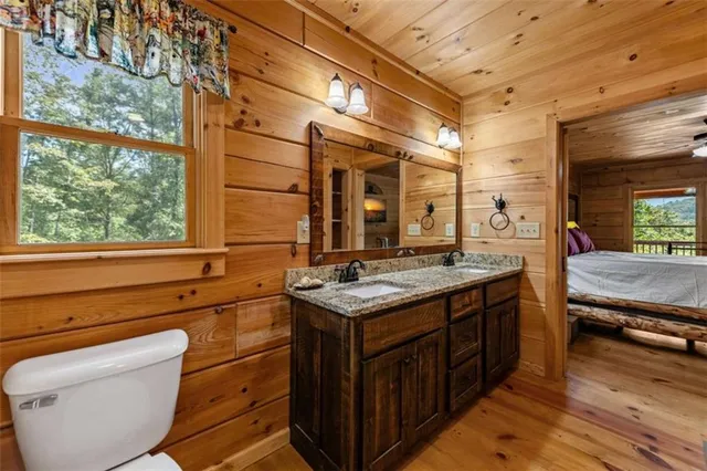 a bathroom with a granite countertop sink and a large mirror