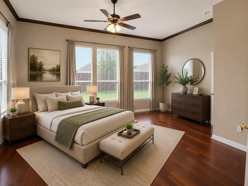 5708 Rickshaw Lane Plano, TX 75094 - Photo 16 of 28 Spacious room featuring wood-finish flooring, tall ceilings with crown molding, and a ceiling fan