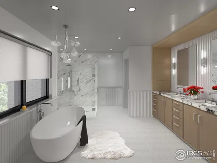 a large bathroom with a double vanity sink a large mirror and shower