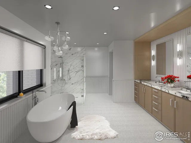a large bathroom with a double vanity sink a large mirror and shower