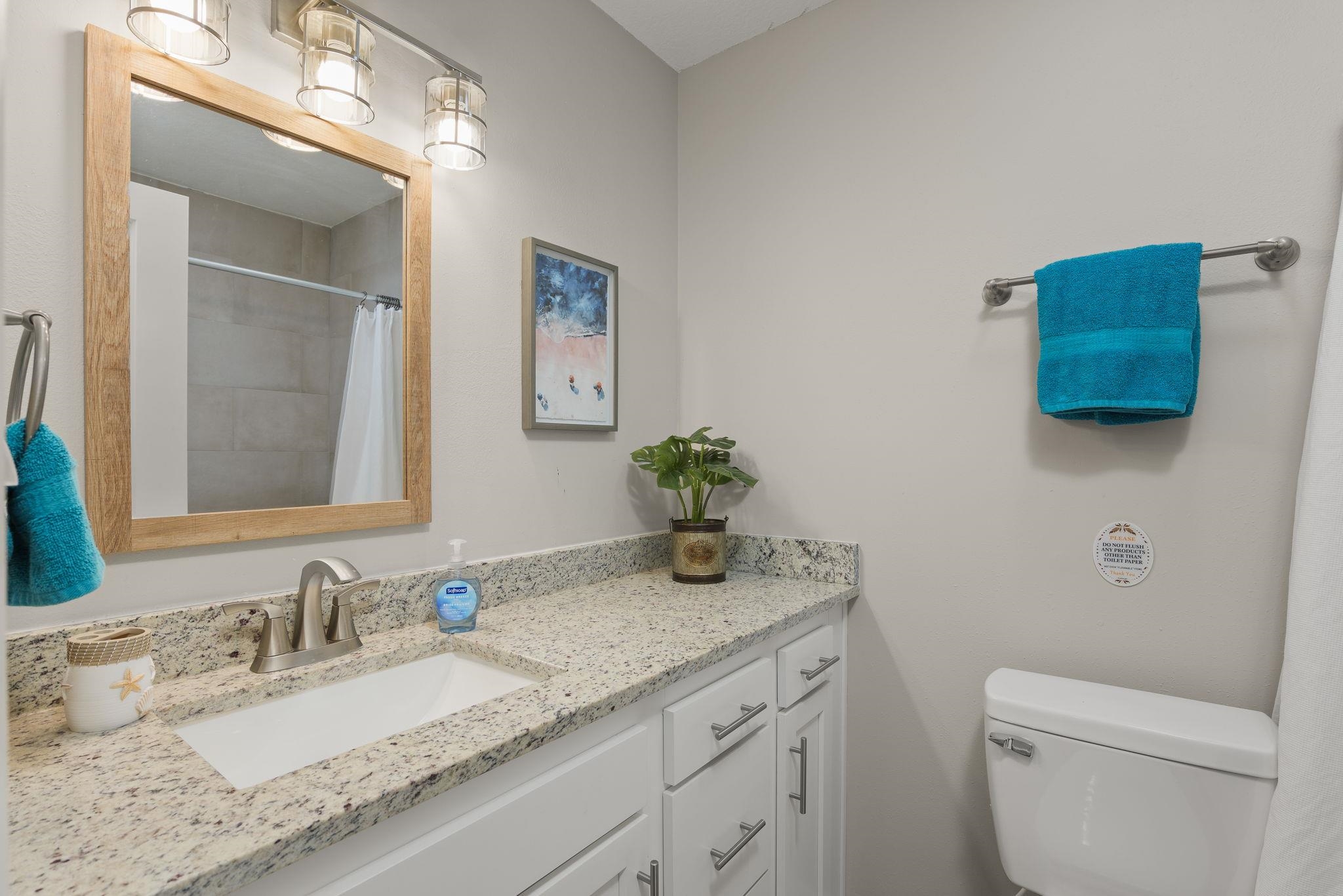 16 Ewing Street St. Augustine Beach, FL 32080 - Photo 32 of 55 a bathroom with a granite countertop sink a toilet and mirror
